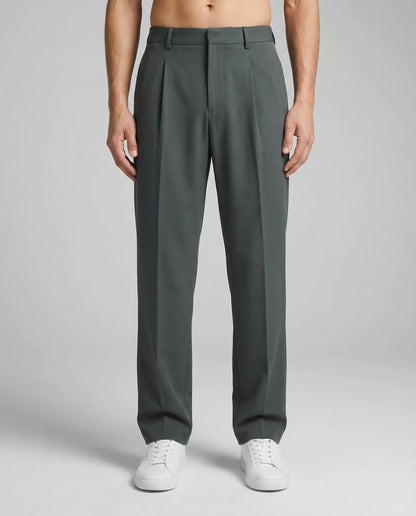 Grey tailored wide leg trousers for men by Ilynora, front view with modern silhouette and soft drape