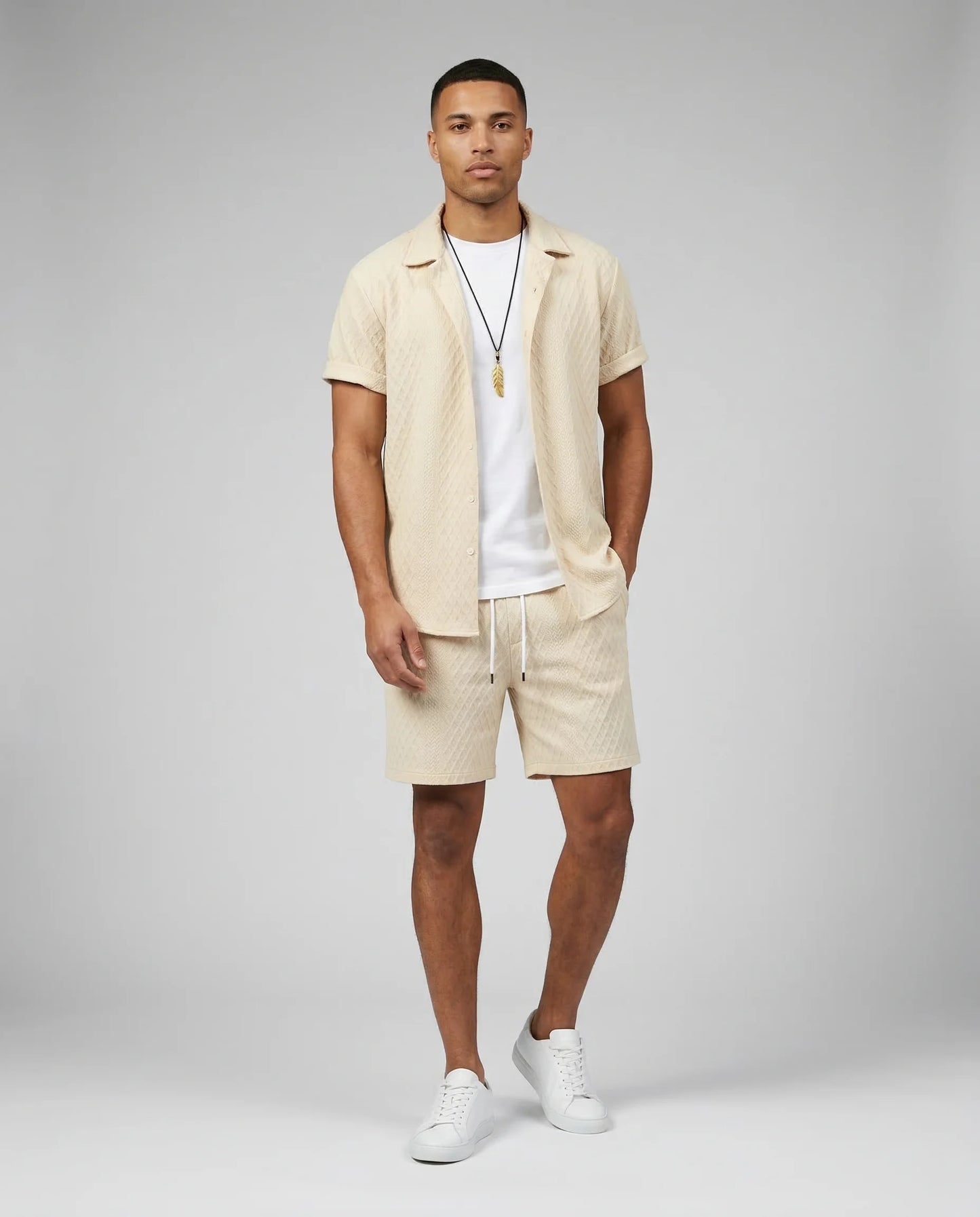 Men's textured shirt and shorts set in khaki by Ilynora, front view with relaxed fit and lightweight fabric