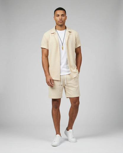 Men's textured shirt and shorts set in khaki by Ilynora, front view with relaxed fit and lightweight fabric
