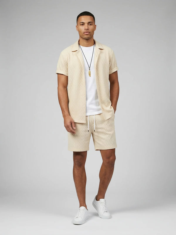 Men's textured shirt and shorts set in khaki by Ilynora, front view with relaxed fit and lightweight fabric