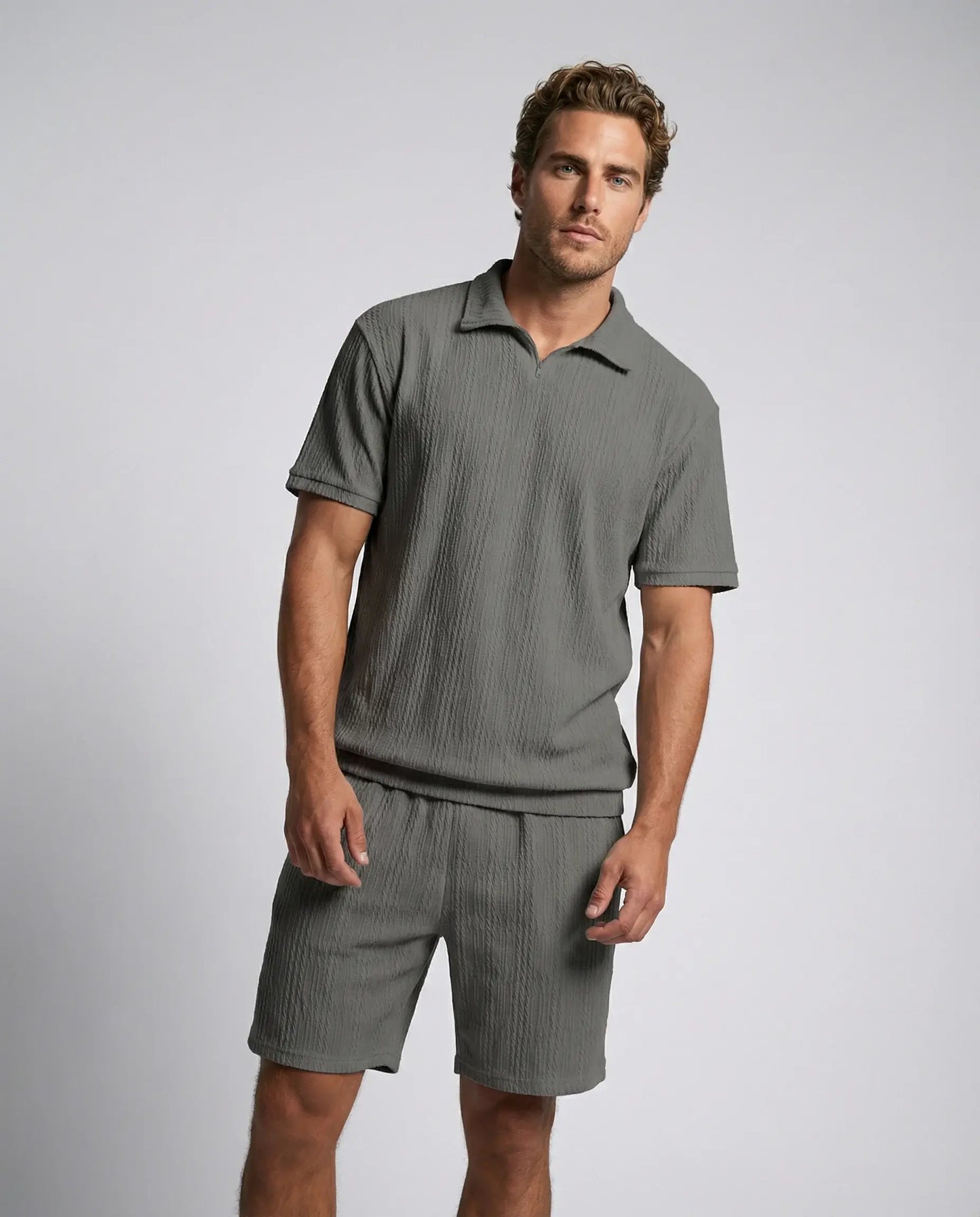 Grey textured zip polo and shorts set by Ilynora, front view with relaxed fit and minimal style