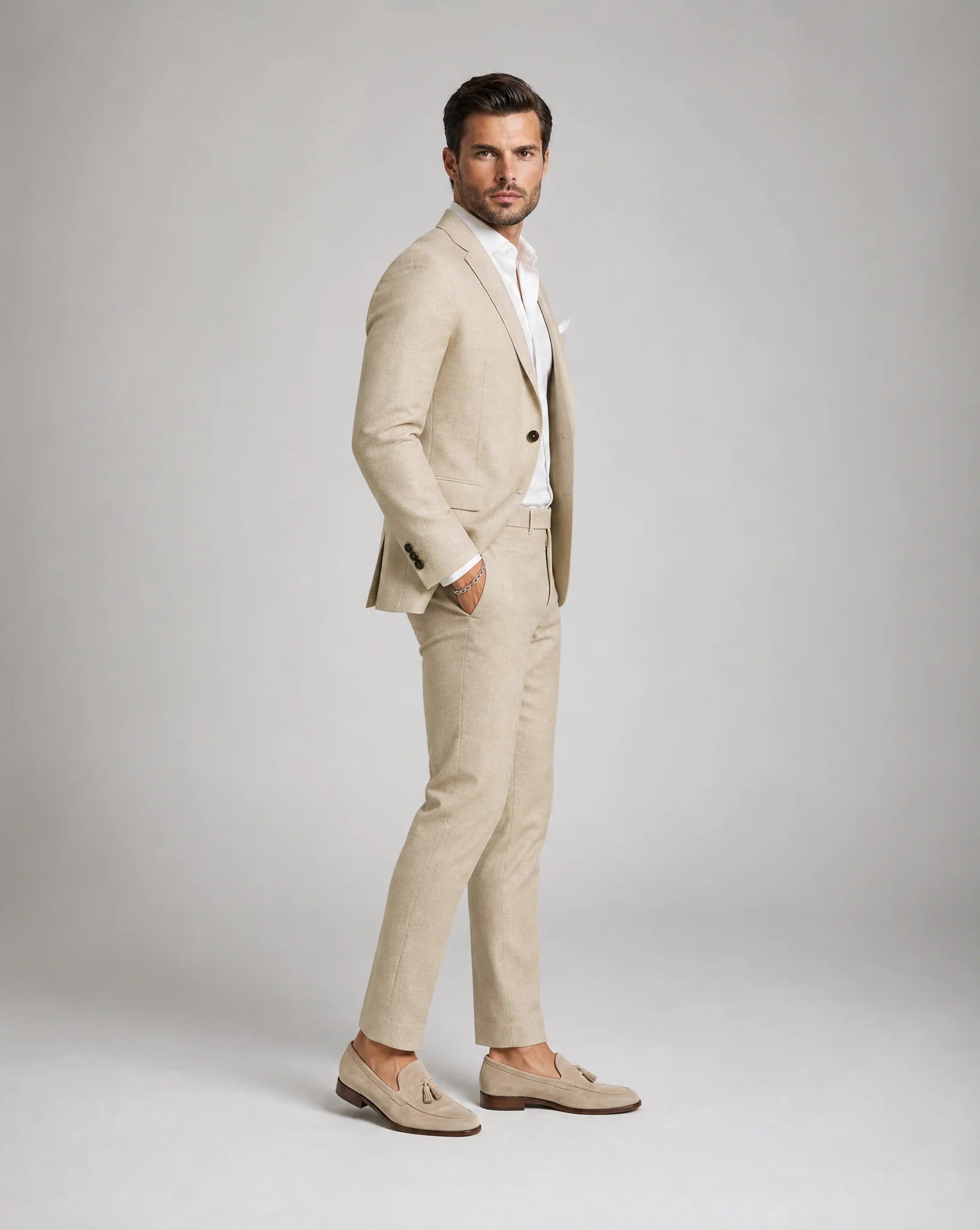 Men's beige linen wedding suit with modern fit and classic warm weather sophistication by ILYNORA