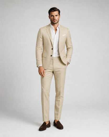 Men's beige two piece linen suit with timeless elegance and breathable summer design by ILYNORA