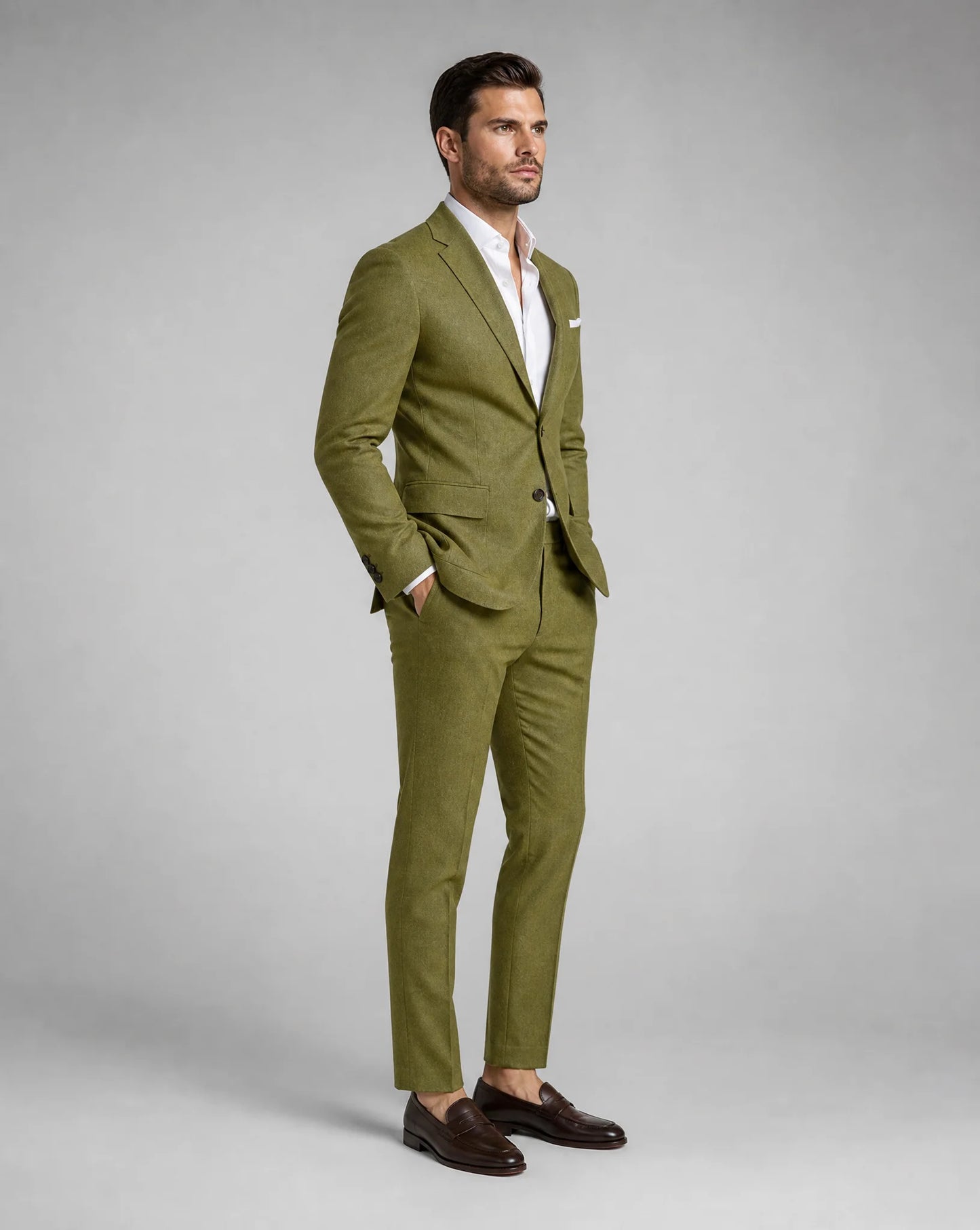 Men's green linen wedding suit with lightweight comfort and contemporary formal look by ILYNORA