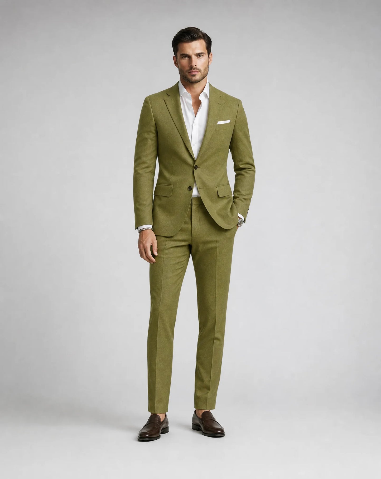 Men's green two piece linen suit with modern tailoring and sophisticated summer event style by ILYNORA
