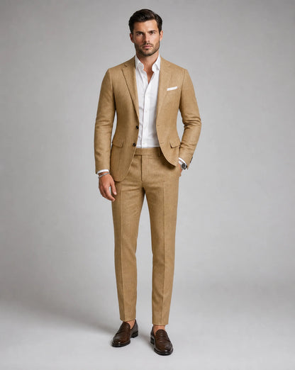 Men's light brown two piece linen wedding suit with tailored fit and elegant summer style by ILYNORA