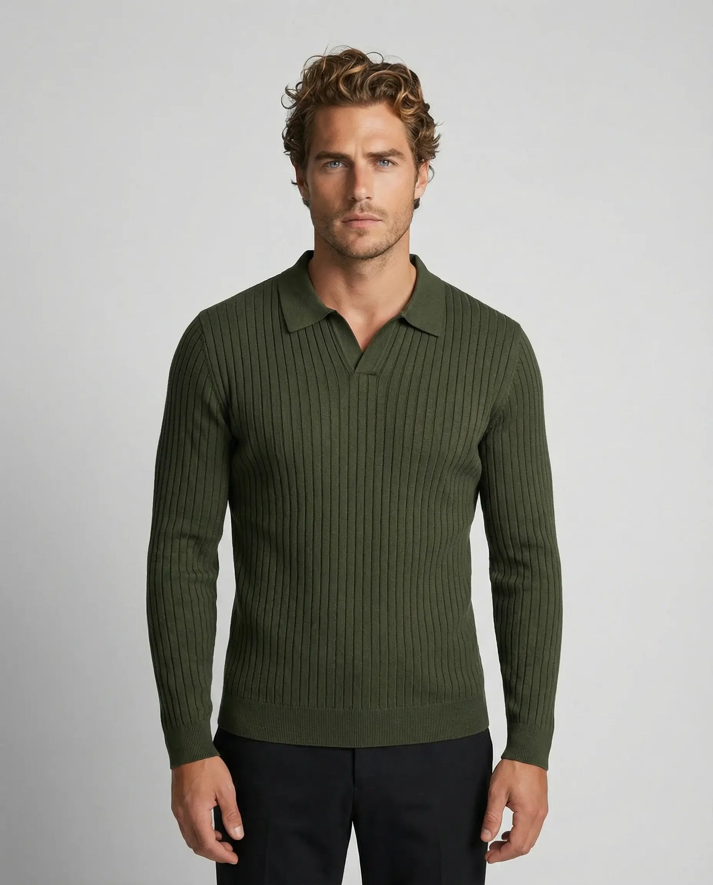Green V-neck knit jumper for men by Ilynora, front view with relaxed fit and everyday style