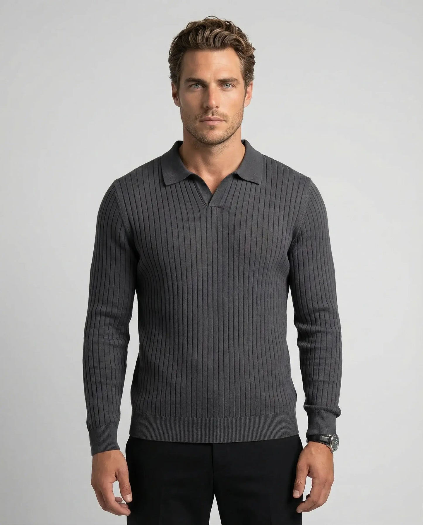Grey V-neck knit jumper for men by Ilynora, front view with modern fit and soft texture