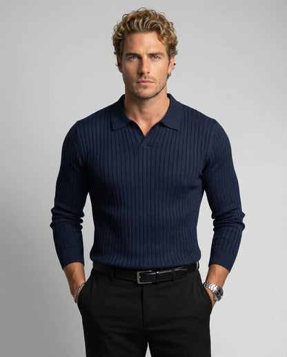 Navy V-neck knit jumper for men by Ilynora, front view with classic fit and clean design