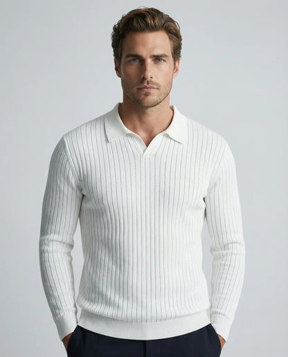 White V-neck knit jumper for men by Ilynora, front view with soft fabric and refined look