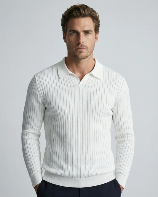White V-neck knit jumper for men by Ilynora, front view with soft fabric and refined look