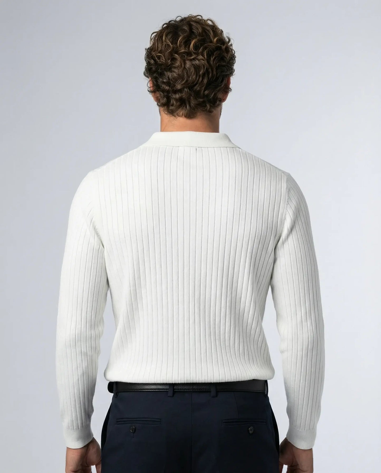 White V-neck knit jumper by Ilynora, back view with minimal silhouette and clean finish