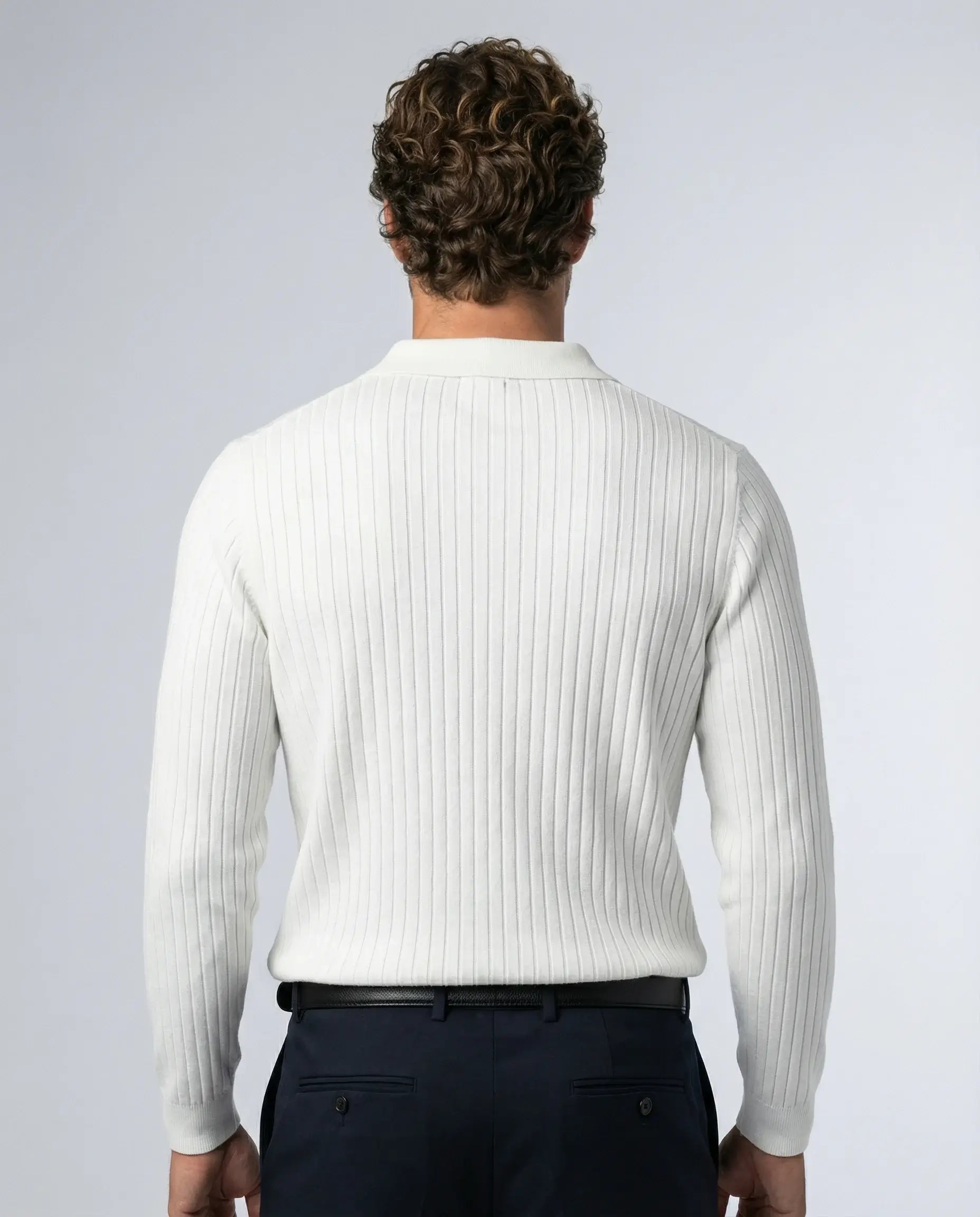 White V-neck knit jumper by Ilynora, back view with minimal silhouette and clean finish