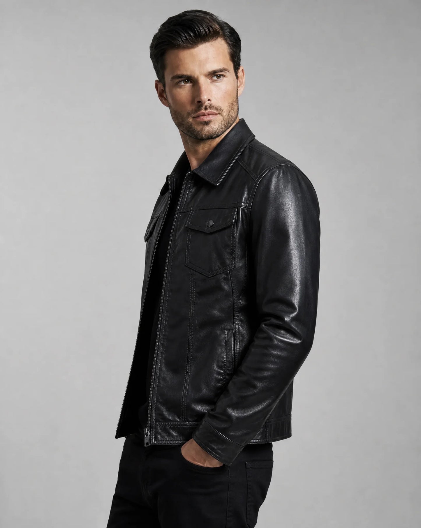 Men's black leather jacket with vintage finish and modern tailored fit by ILYNORA