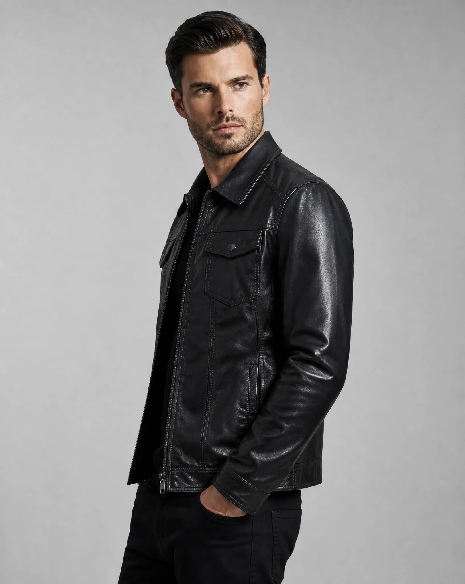 Men's black leather jacket with vintage finish and modern tailored fit by ILYNORA