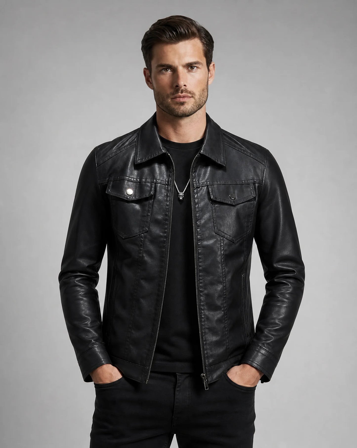 Men's black vintage leather jacket with classic trucker design and timeless style by ILYNORA