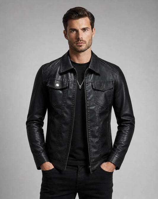Men's black vintage leather jacket with classic trucker design and timeless style by ILYNORA