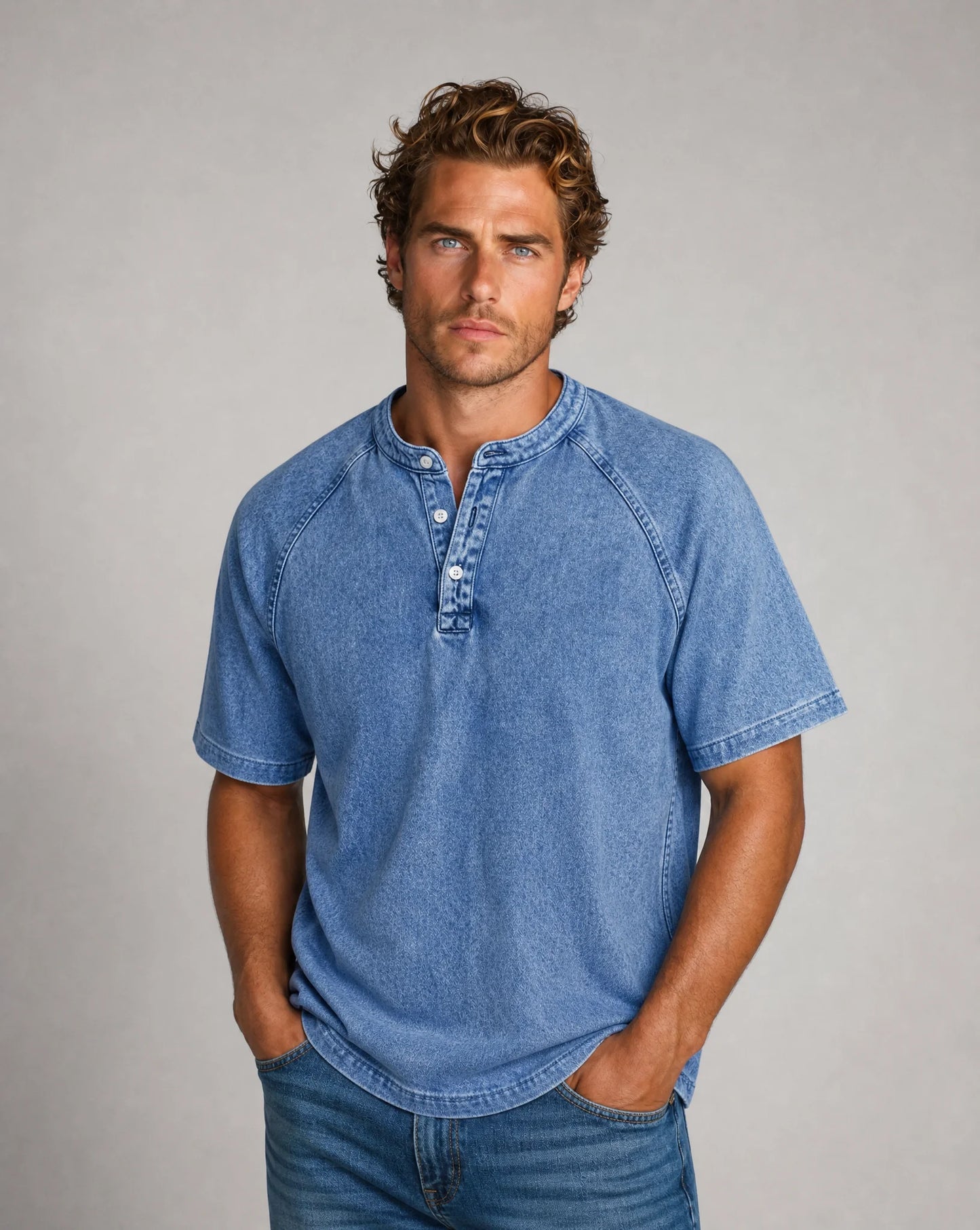 Men's blue washed short sleeve Henley T-shirt with relaxed everyday comfort by ILYNORA