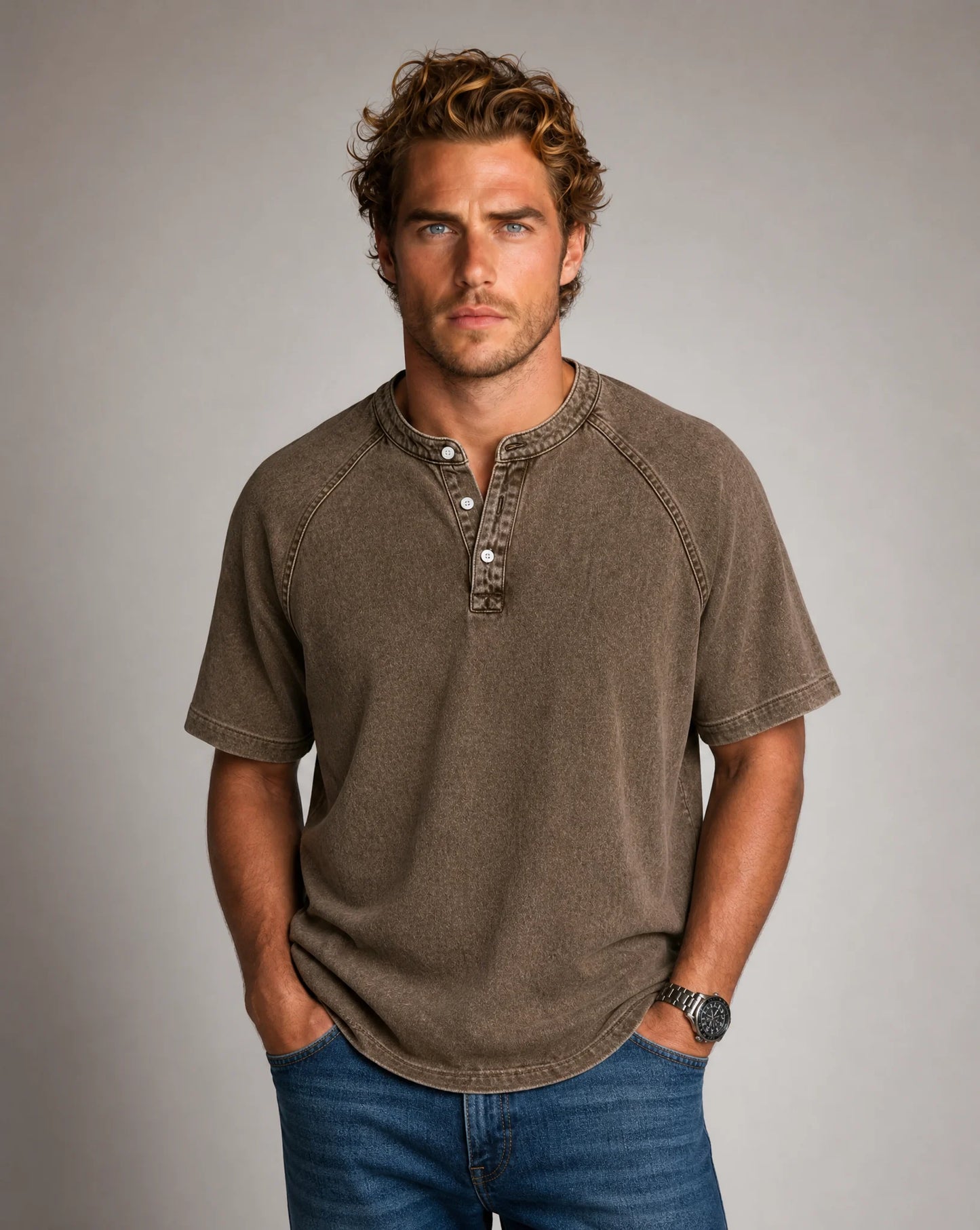 Men's brown washed short sleeve Henley T-shirt with casual everyday style by ILYNORA