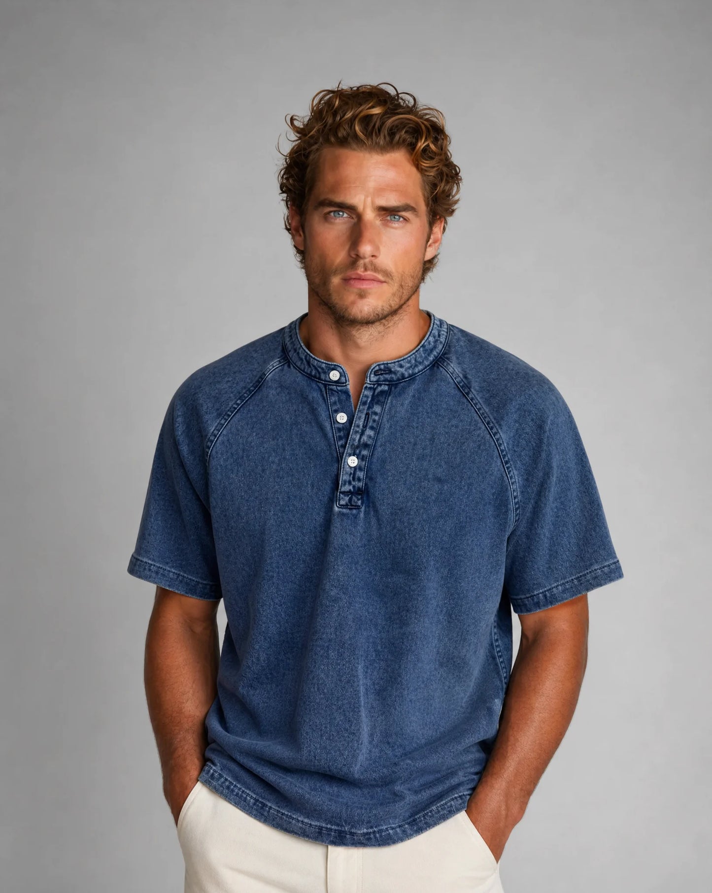 Men's dark blue washed Henley T-shirt with timeless casual fit by ILYNORA