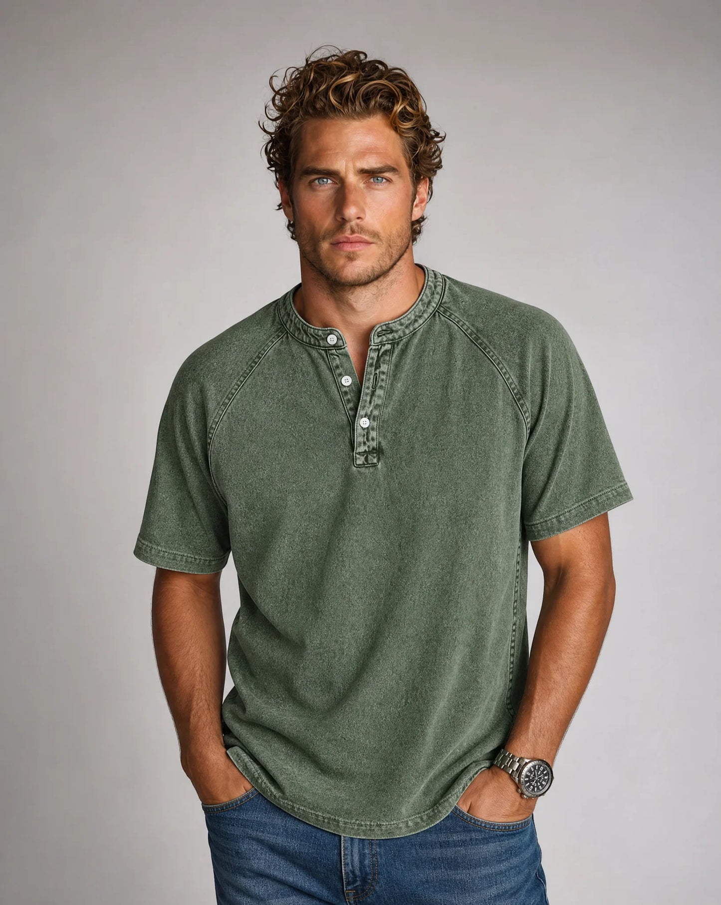 Men's dark green washed Henley T-shirt with relaxed fit and vintage finish by ILYNORA
