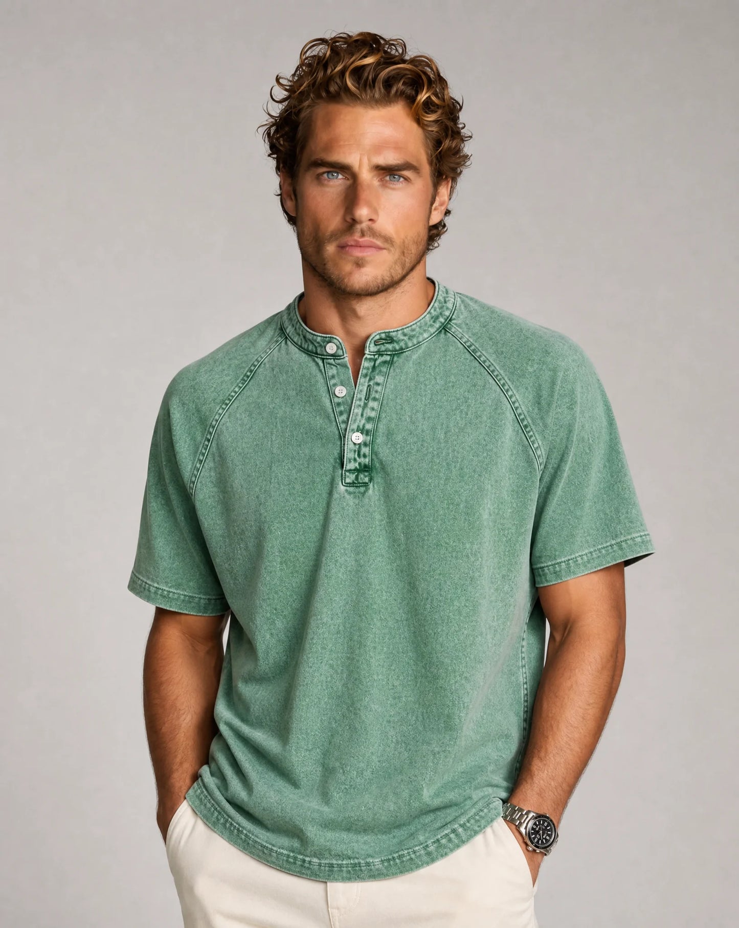 Men's green washed short sleeve Henley T-shirt with lightweight comfort by ILYNORA