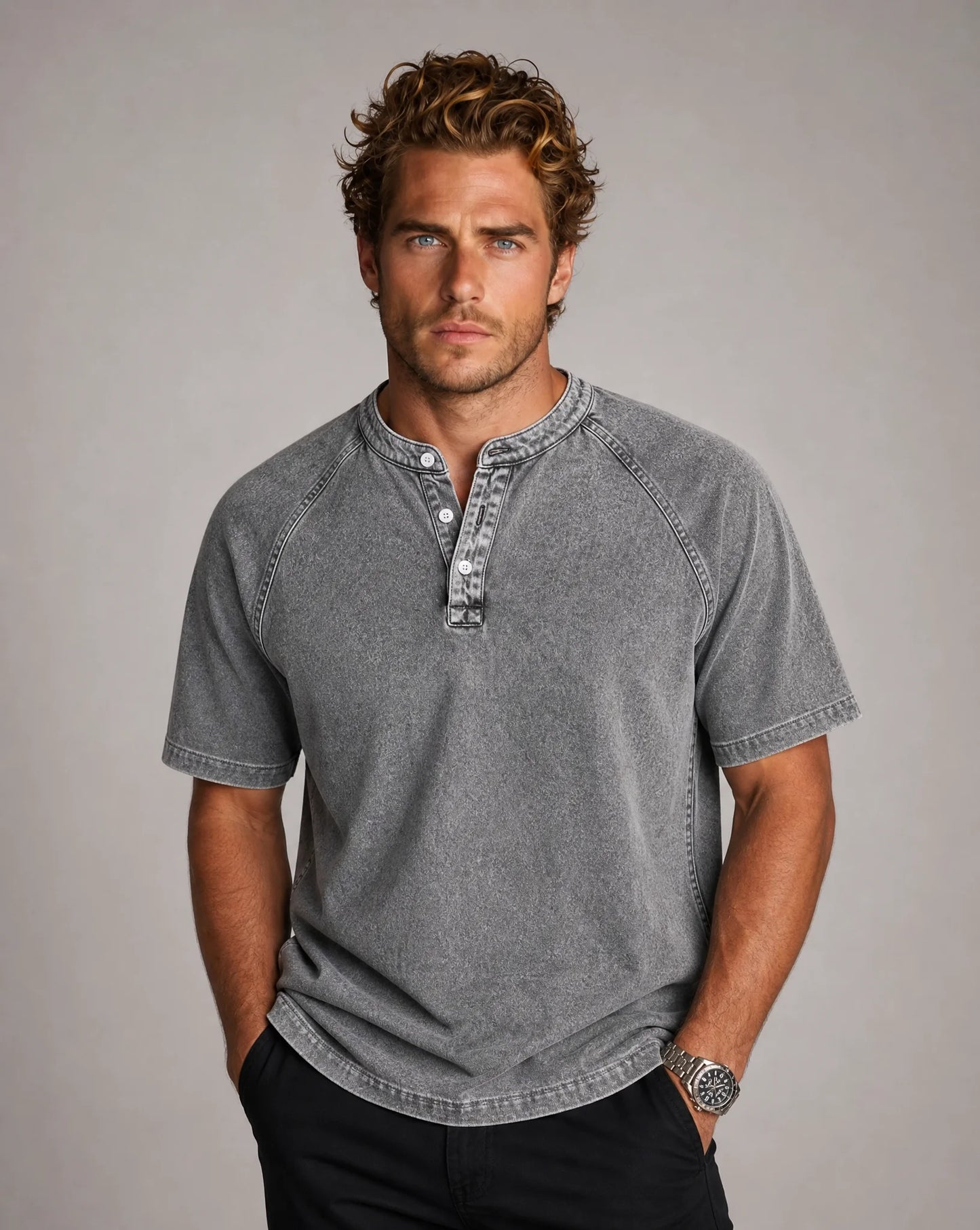 Men's grey washed short sleeve Henley T-shirt with relaxed vintage look by ILYNORA