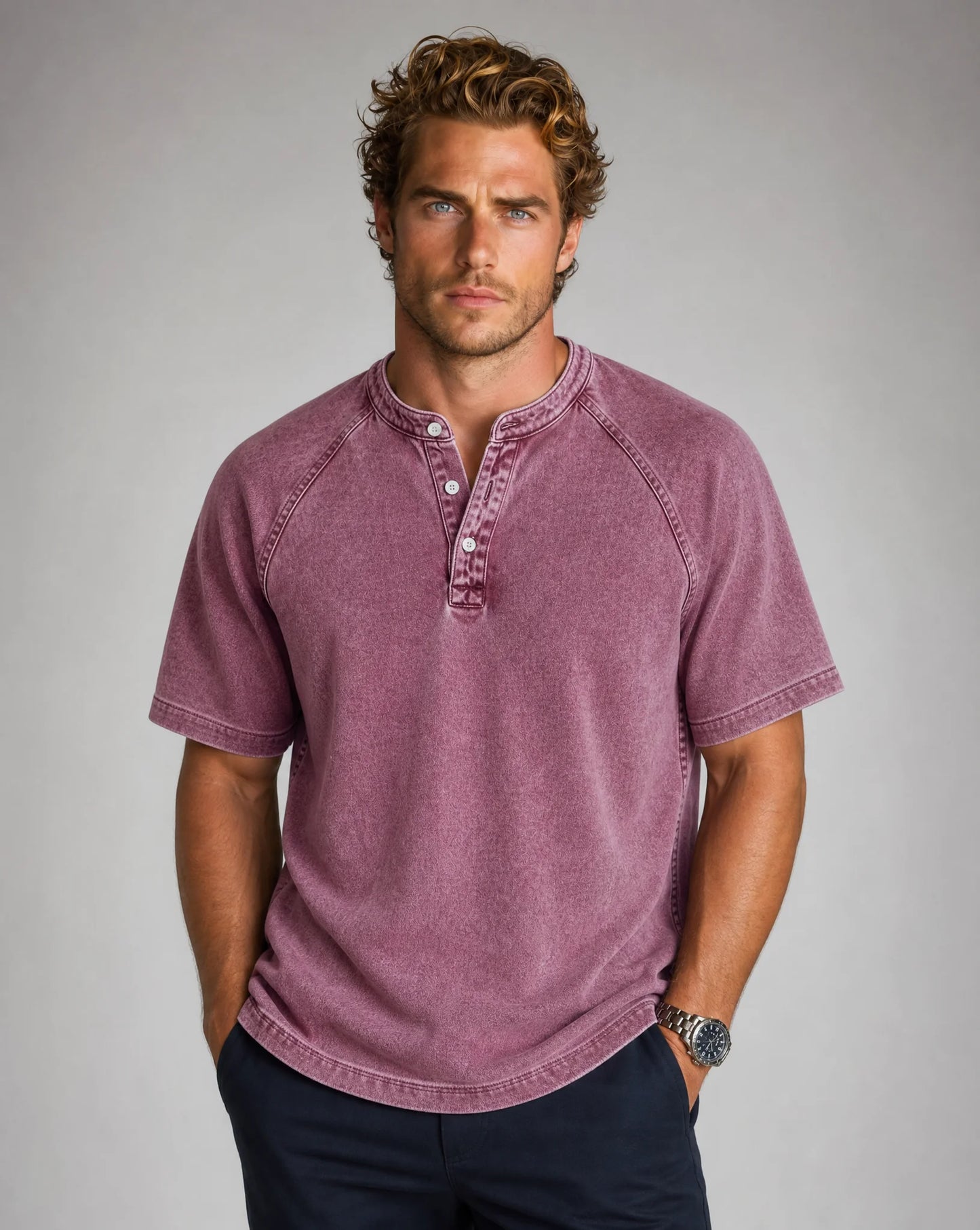 Men's pink washed short sleeve Henley T-shirt with soft vintage-inspired look by ILYNORA