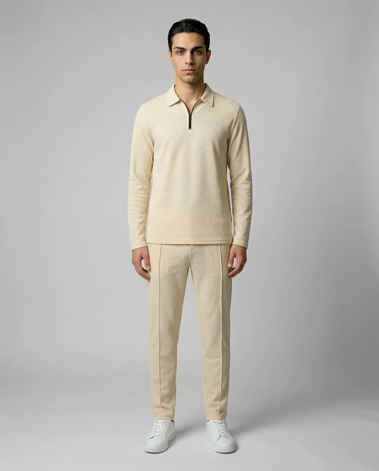 Beige men’s zip lounge set by Ilynora, front view with relaxed fit and soft fabric