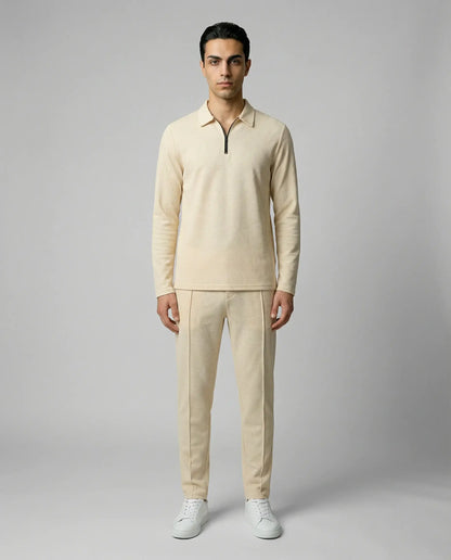 Beige men’s zip lounge set by Ilynora, front view with relaxed fit and soft fabric