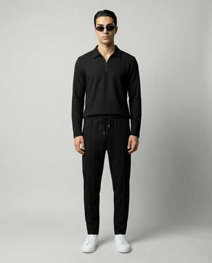 Black men’s zip lounge set by Ilynora, front view with relaxed fit and modern silhouette