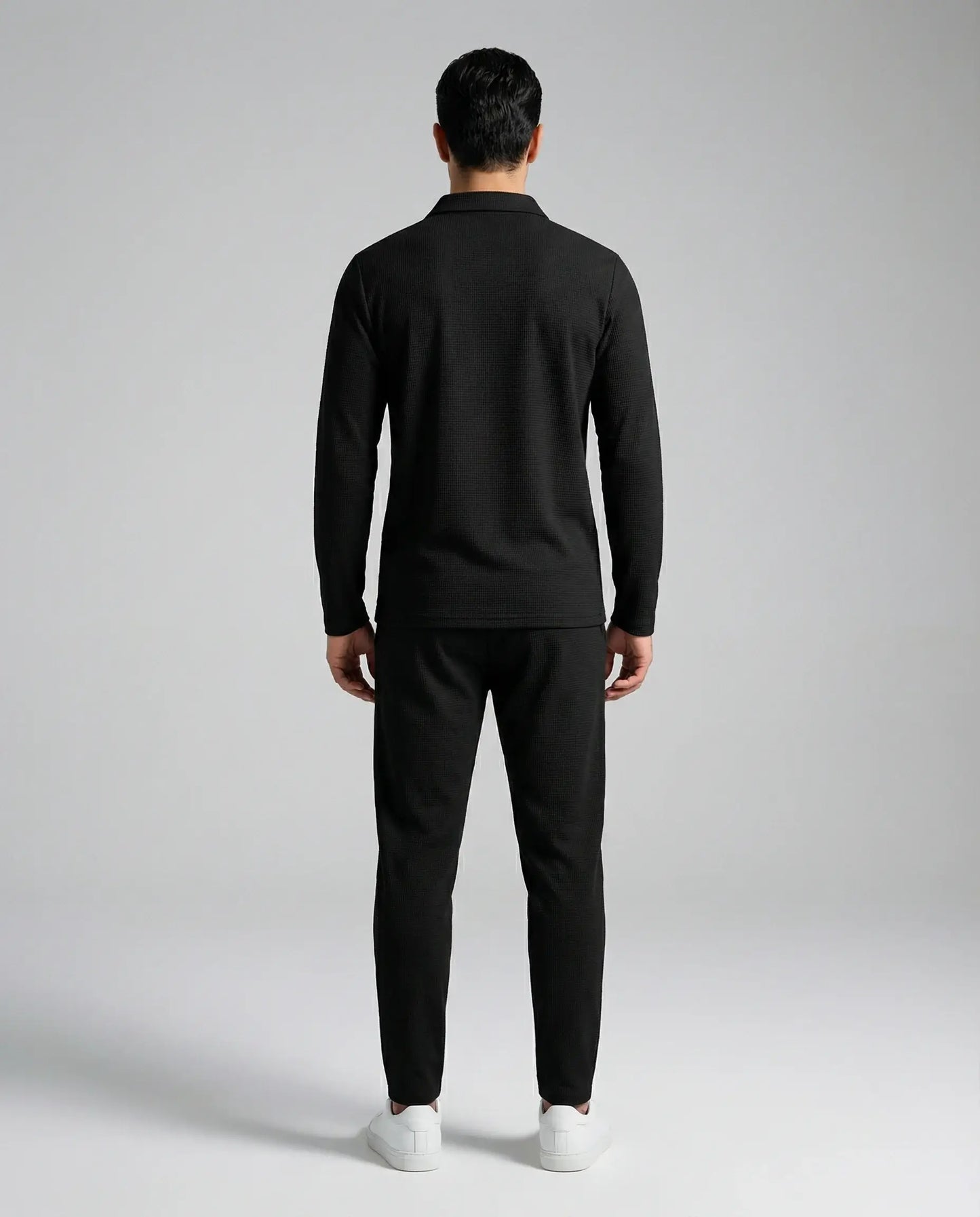 Black zip lounge set for men by Ilynora, back view with clean design and comfortable fit