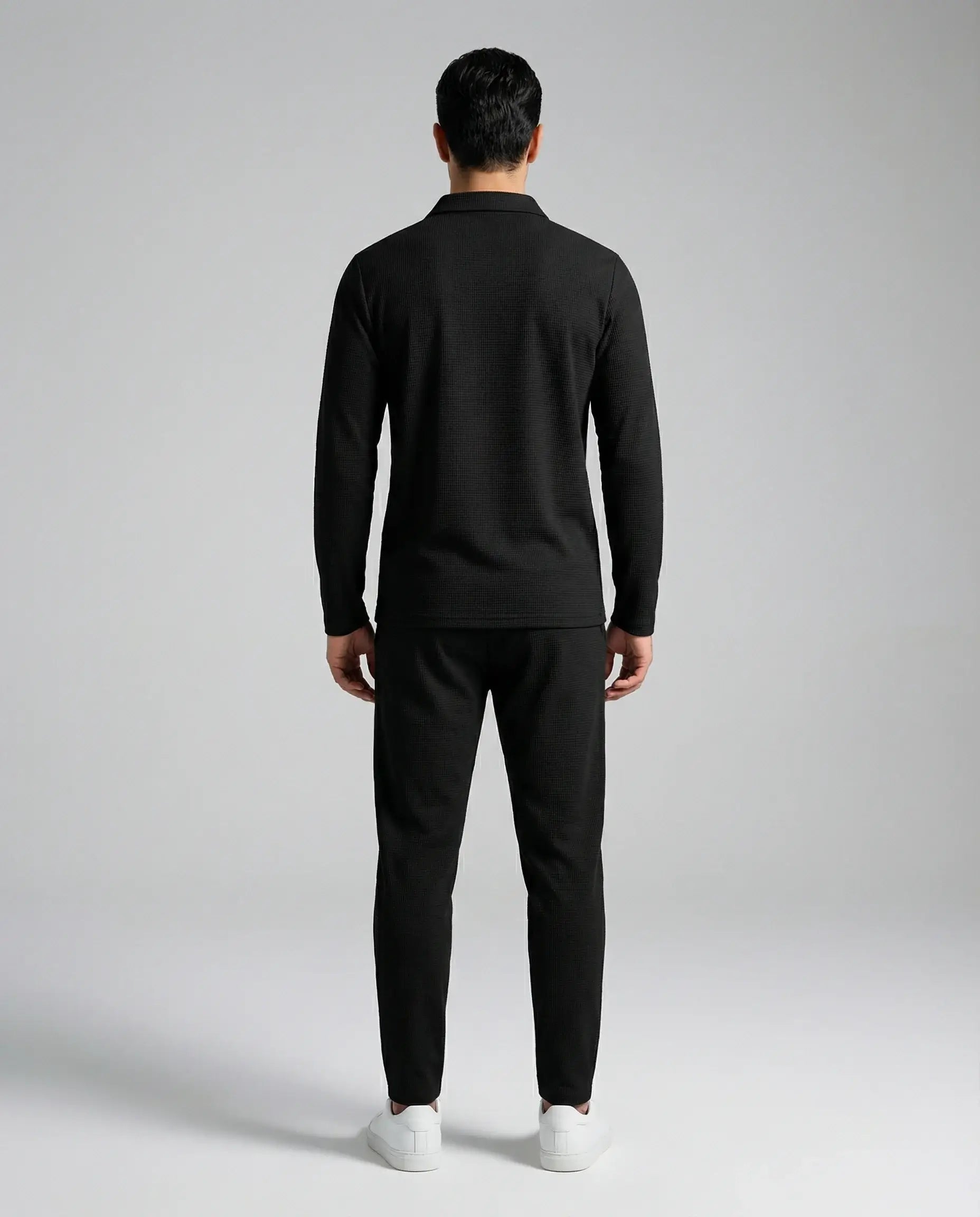 Black zip lounge set for men by Ilynora, back view with clean design and comfortable fit