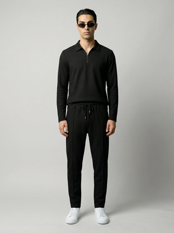 Black men’s zip lounge set by Ilynora, front view with relaxed fit and modern silhouette