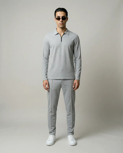 Grey men’s zip lounge set by Ilynora, front view with relaxed silhouette and everyday style