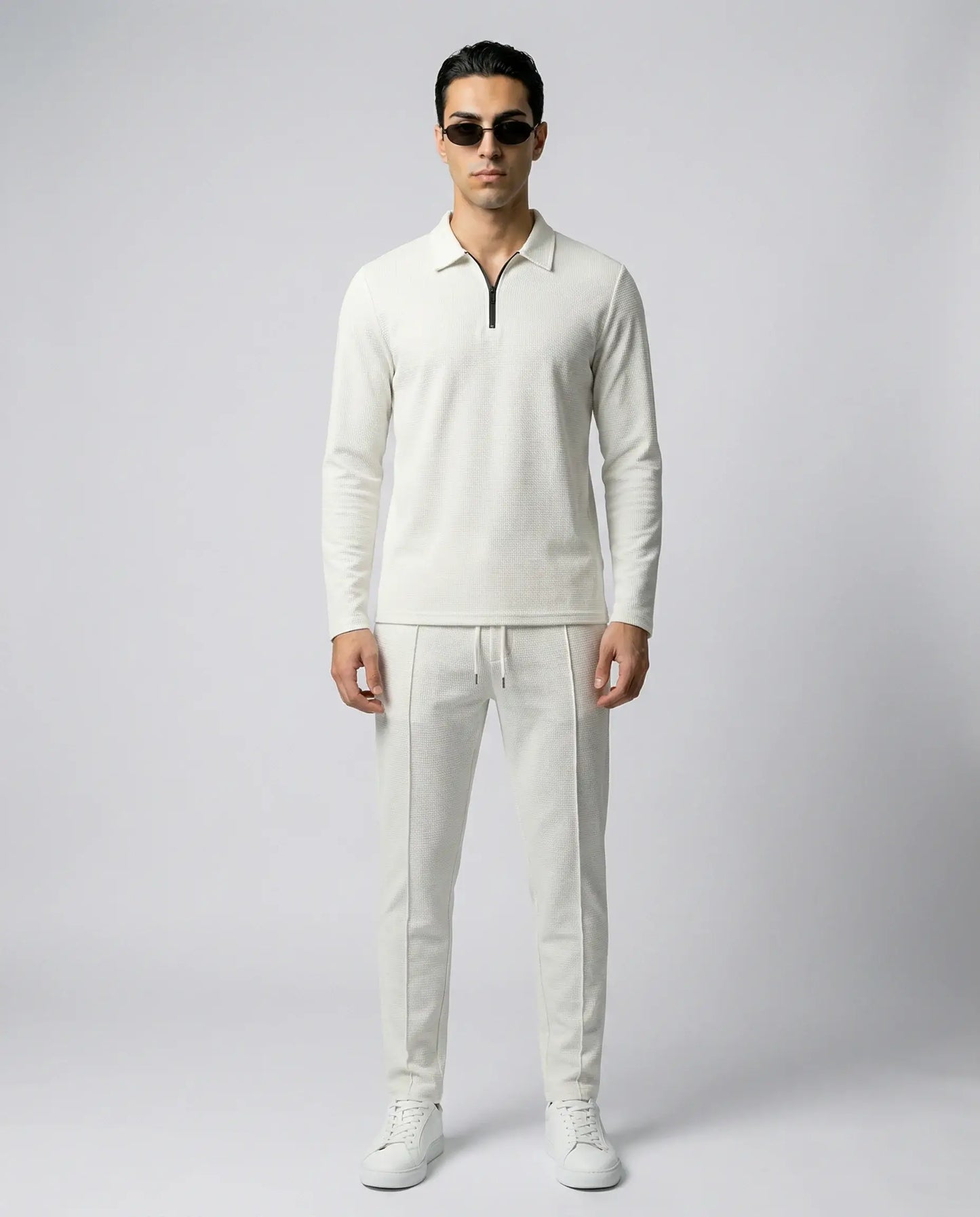White men’s zip lounge set by Ilynora, front view with minimal design and modern comfort