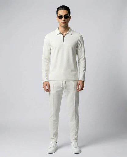 White men’s zip lounge set by Ilynora, front view with minimal design and modern comfort