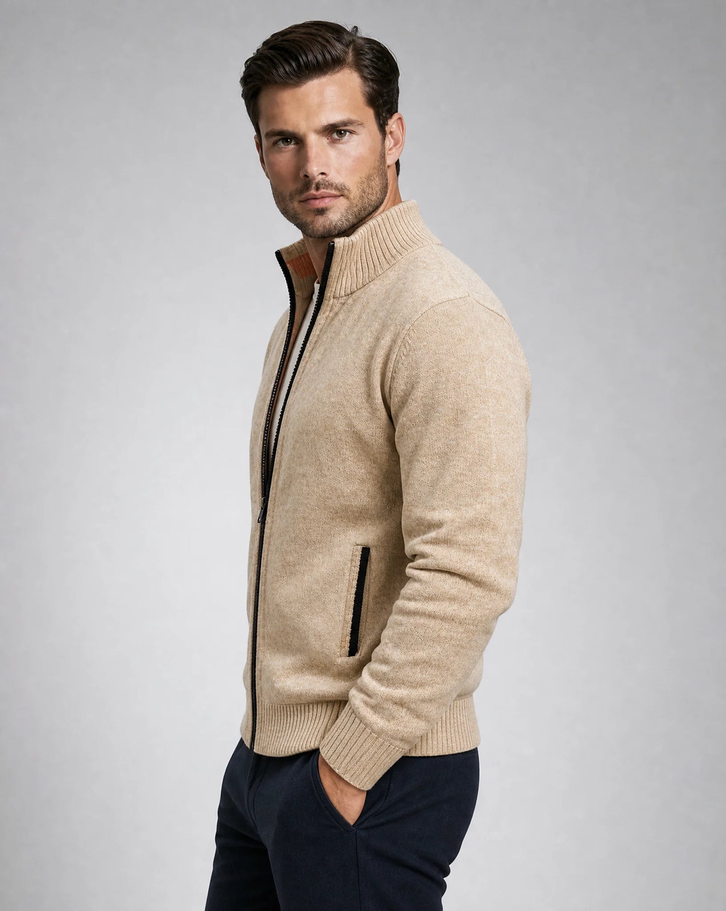 Men's beige zip cardigan styled with shirt and tie for an elegant look by ILYNORA