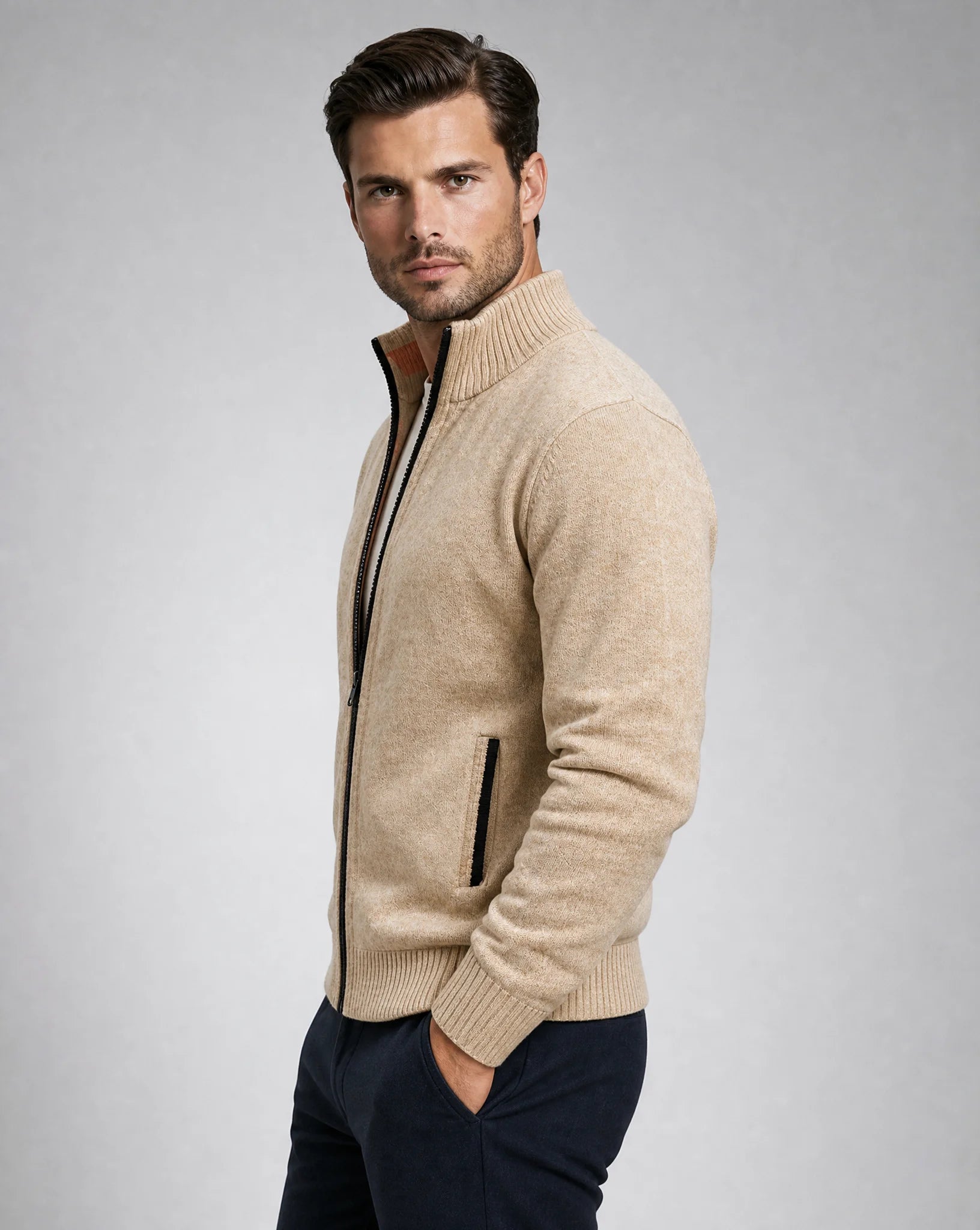 Men's beige zip cardigan styled with shirt and tie for an elegant look by ILYNORA