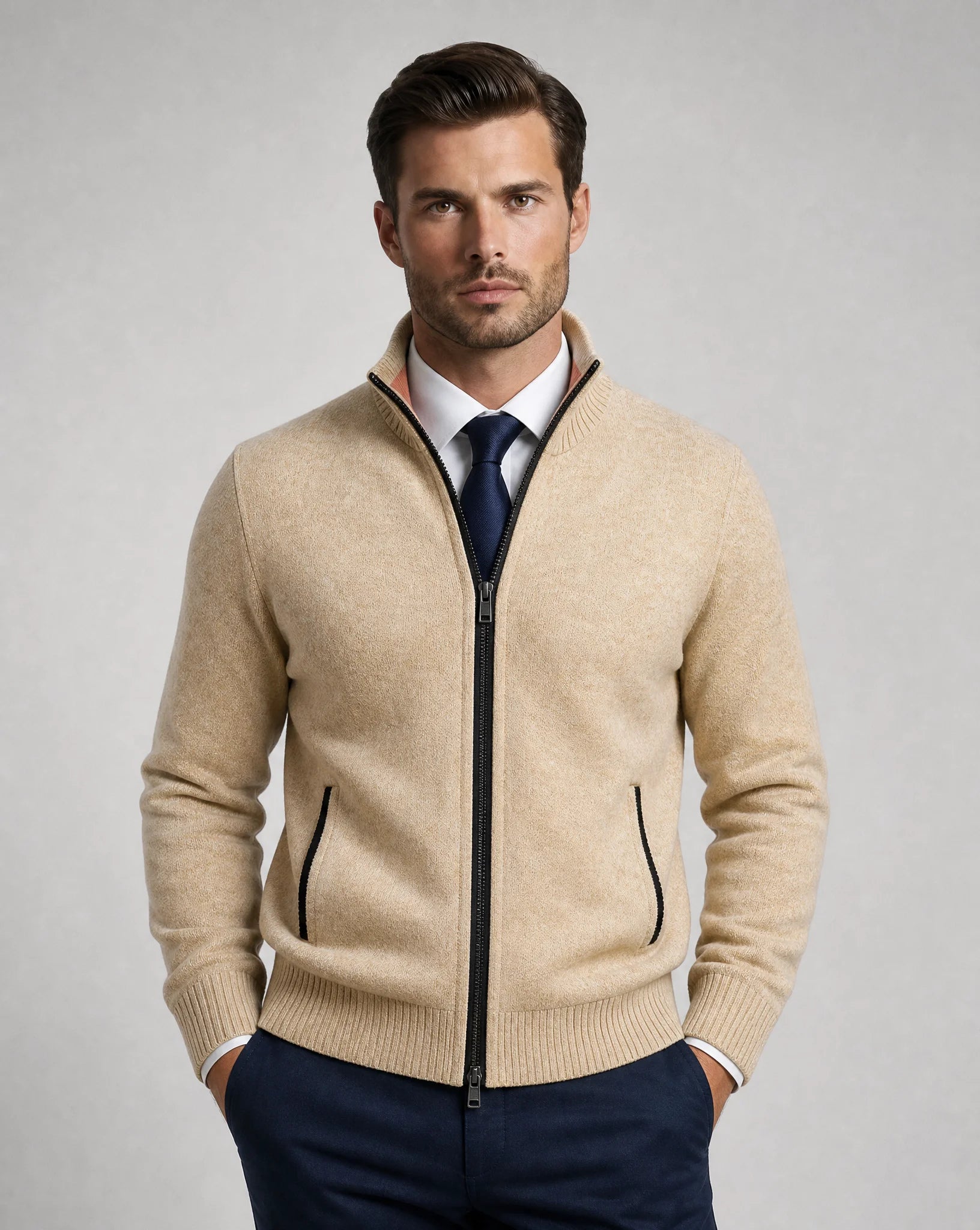 Men's beige zip neck cardigan with refined knit design and smart casual style by ILYNORA