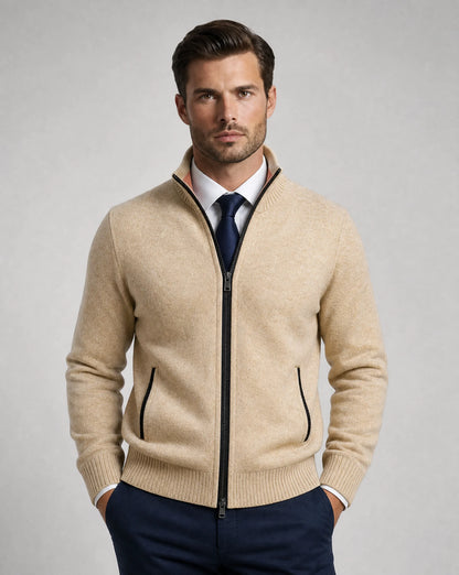 Men's beige zip neck cardigan with refined knit design and smart casual style by ILYNORA