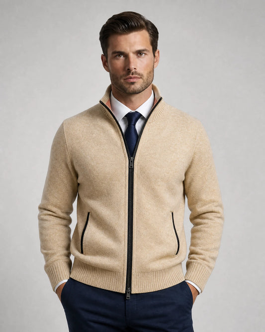 Men's beige zip neck cardigan with refined knit design and smart casual style by ILYNORA