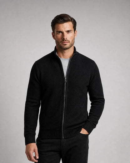 Men's black zip neck cardigan with modern knit texture and versatile styling by ILYNORA