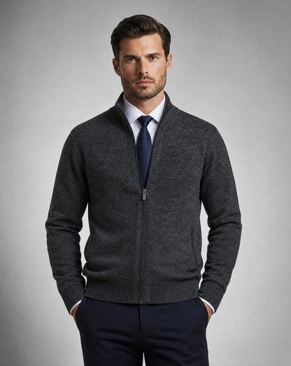Men's dark grey zip neck cardigan with tailored fit and timeless sophistication by ILYNORA