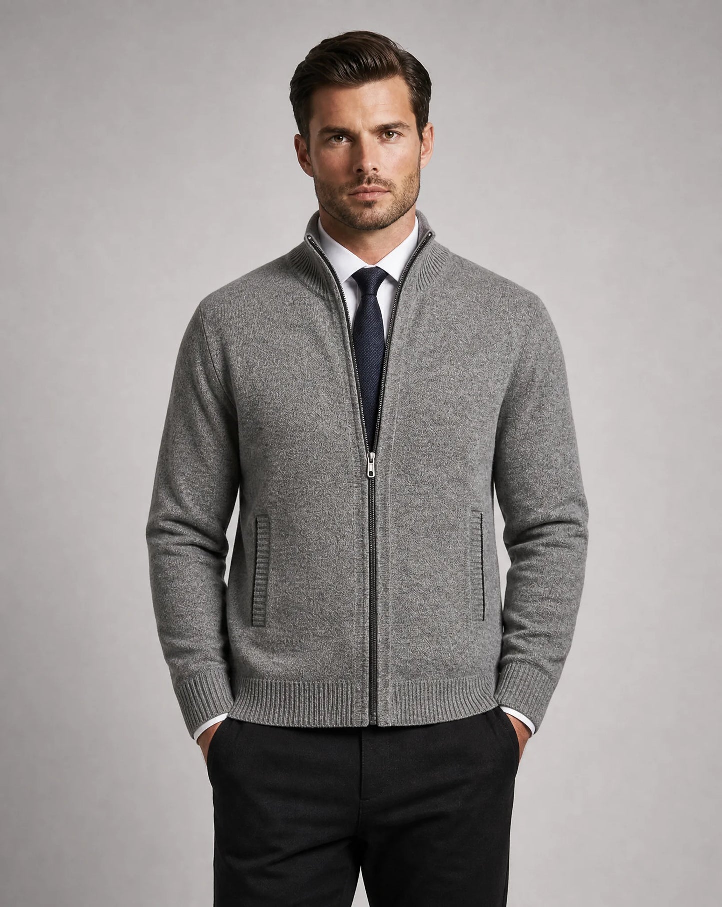 Men's light grey zip neck cardigan with polished business casual appeal by ILYNORA