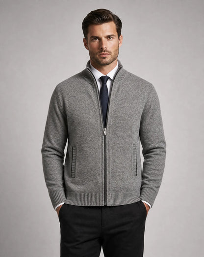 Men's light grey zip neck cardigan with polished business casual appeal by ILYNORA