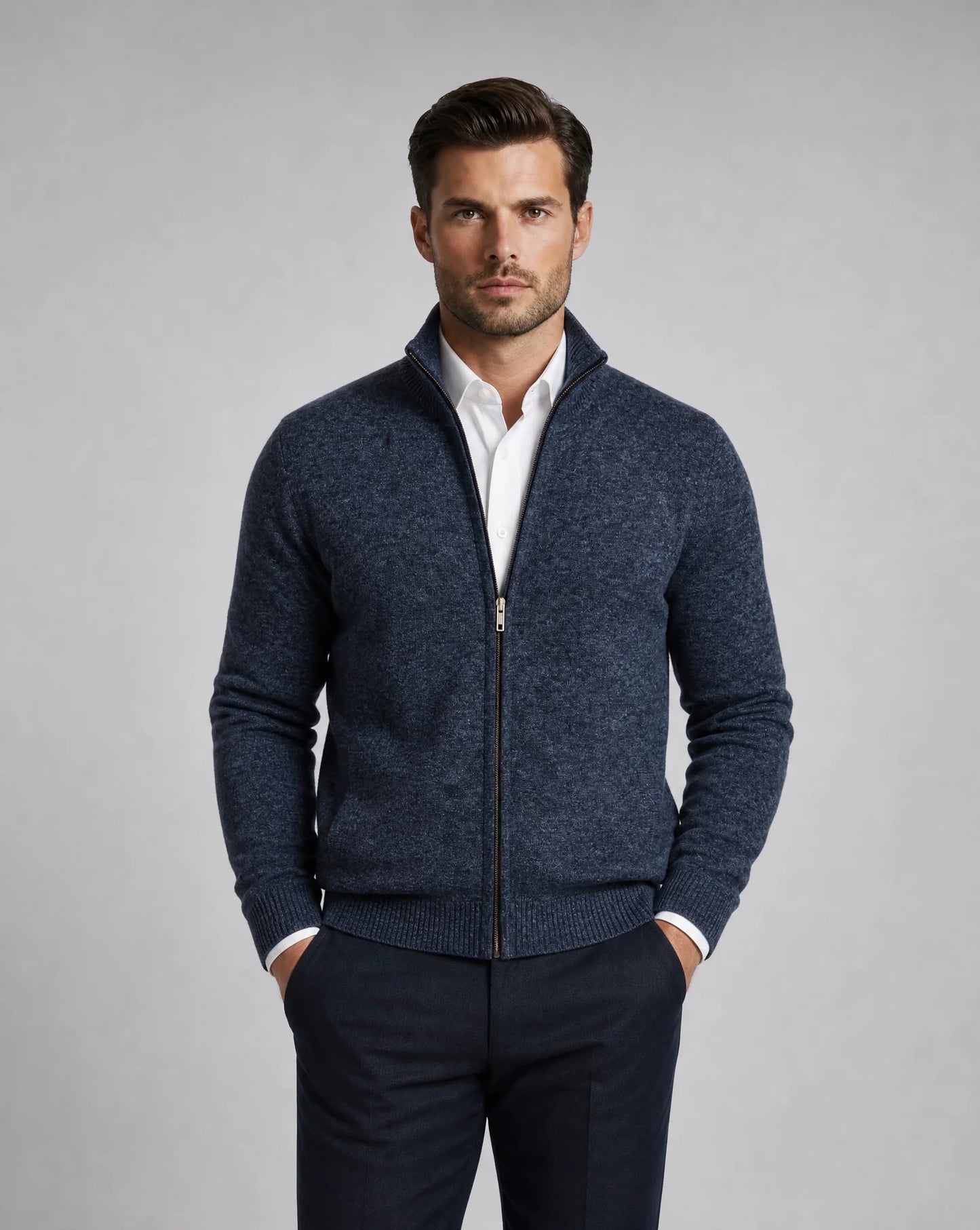 Men's navy blue zip neck cardigan with premium knit comfort and classic style by ILYNORA