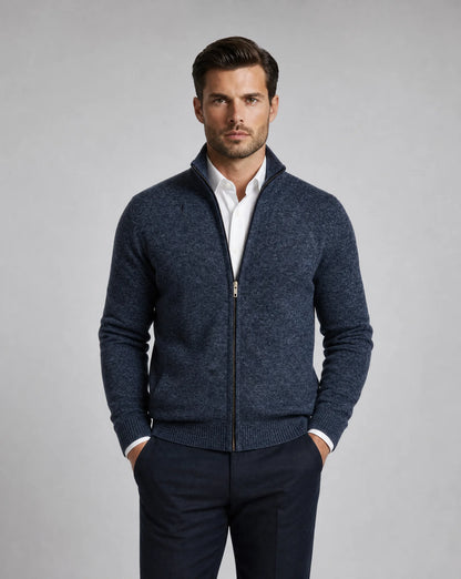 Men's navy blue zip neck cardigan with premium knit comfort and classic style by ILYNORA