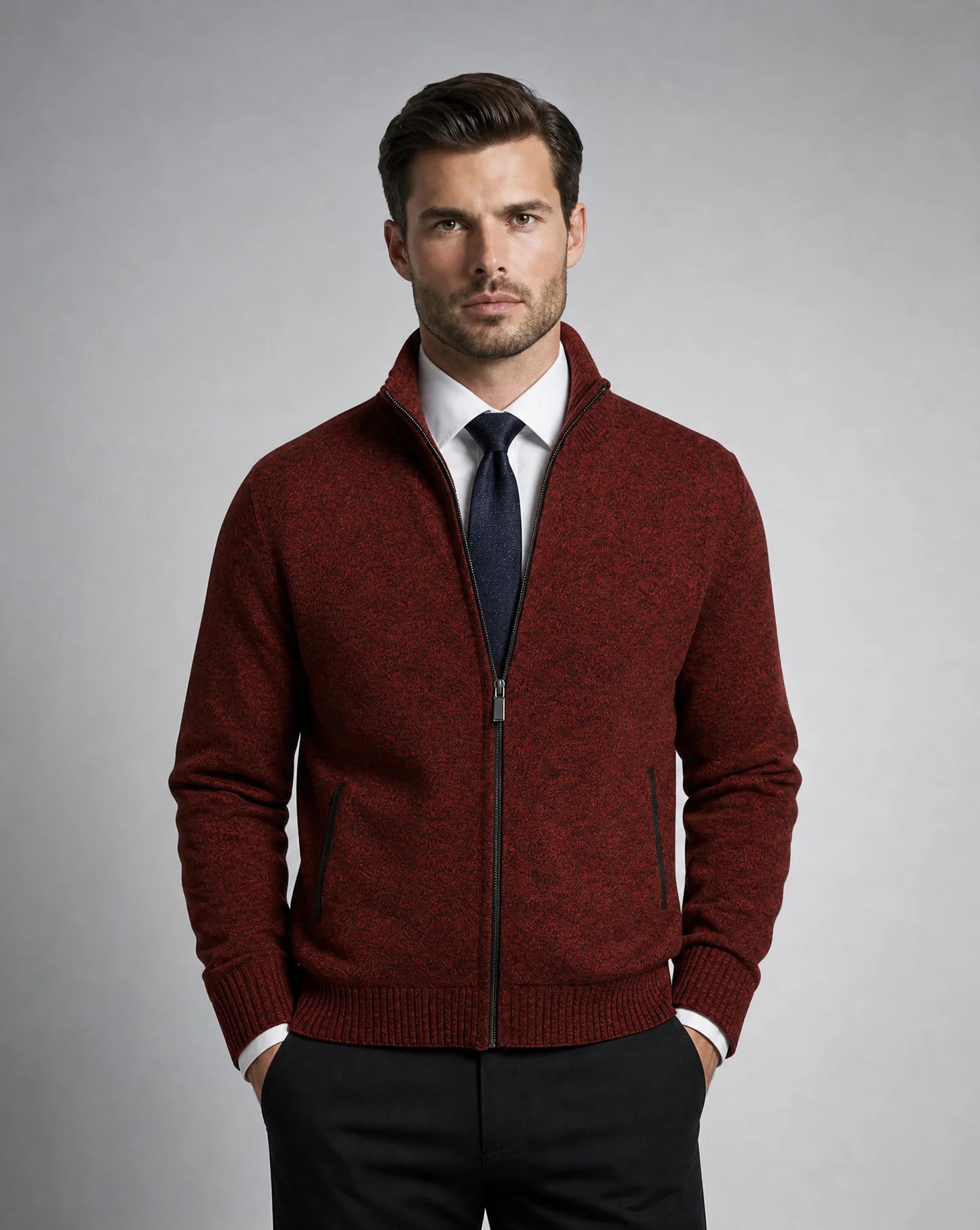 Men's red zip neck cardigan with sophisticated knit finish and everyday elegance by ILYNORA