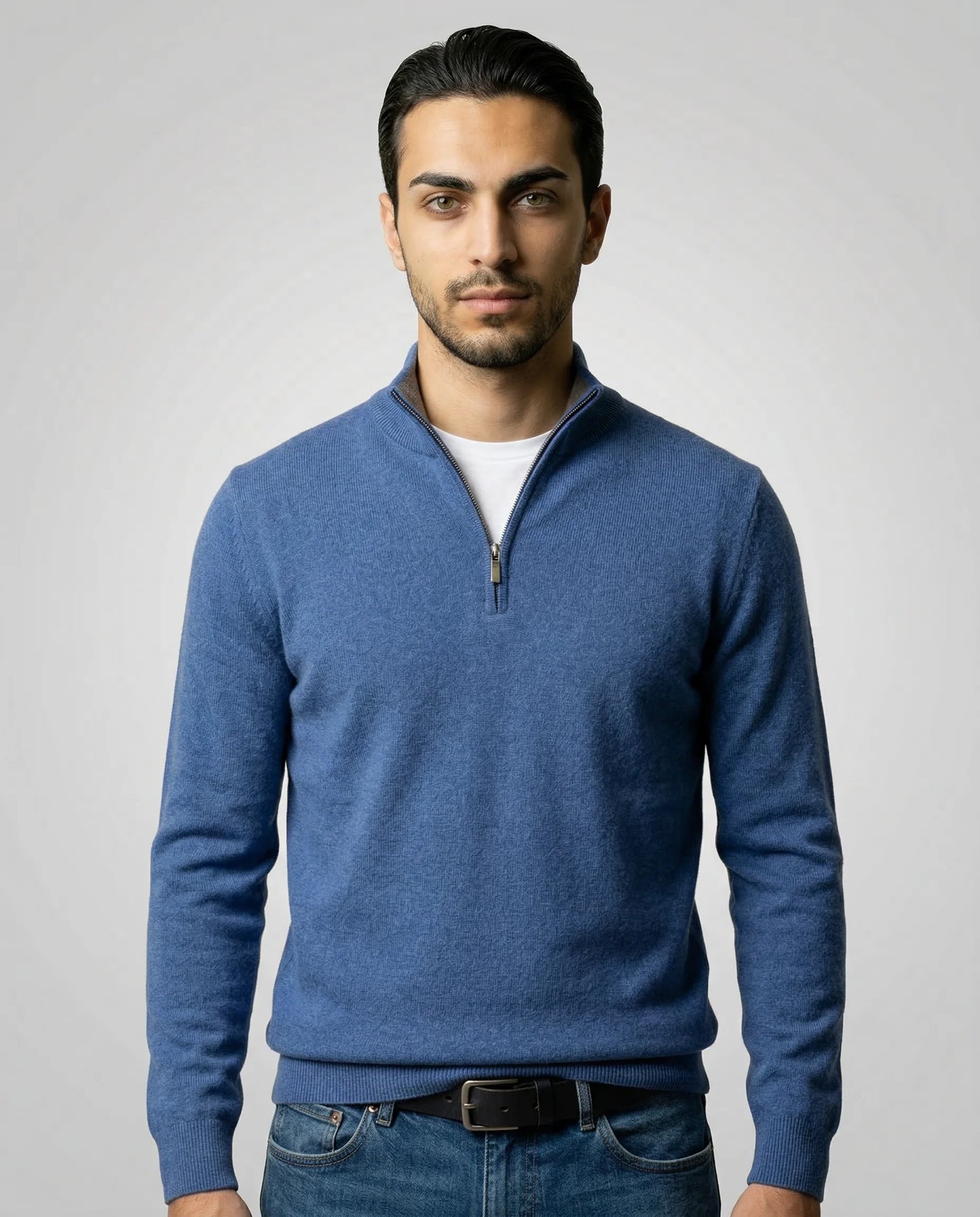 Blue zip neck sweater for men by Ilynora, front view with clean silhouette and soft knit